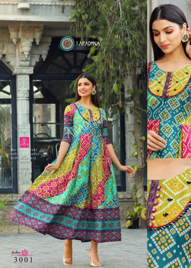 Aradhna Bandhani 3 Heavy Cotton Festive Wear Cotton Anarkali Long Kurti Collection